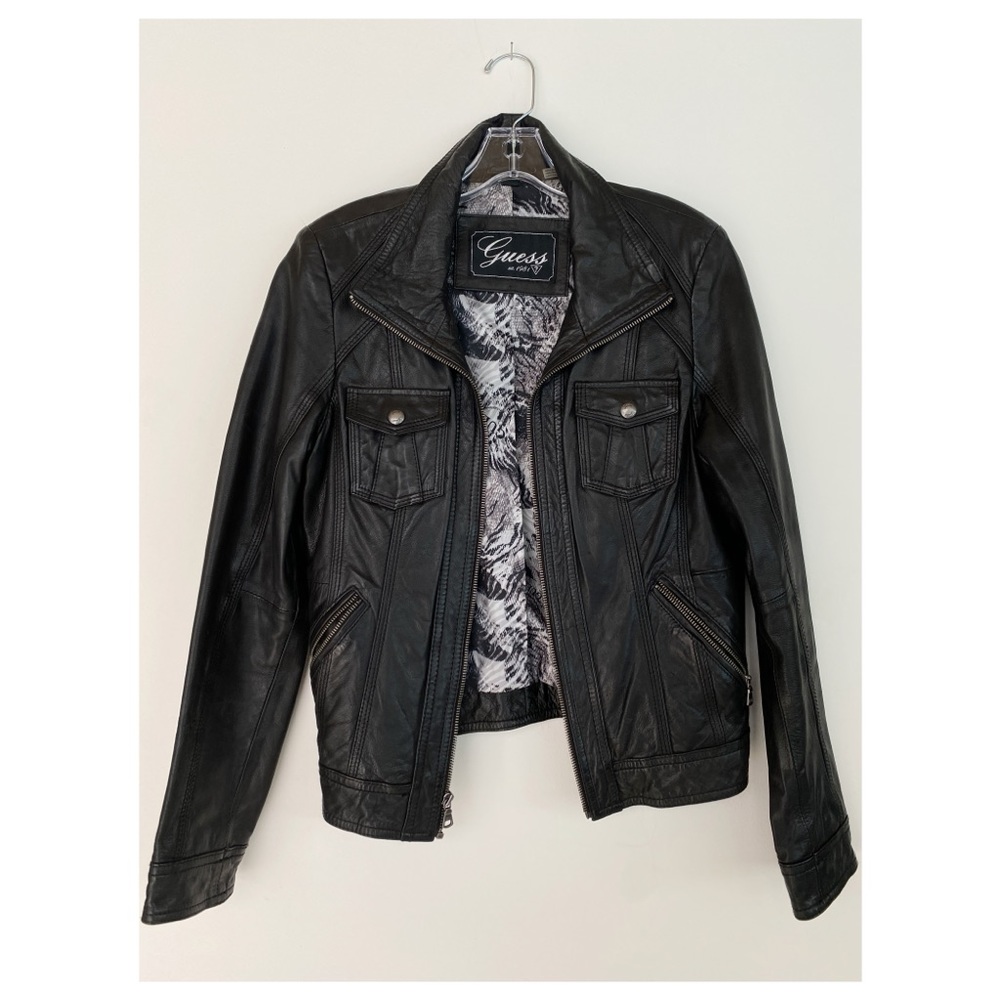 Guess black leather moto jacket M